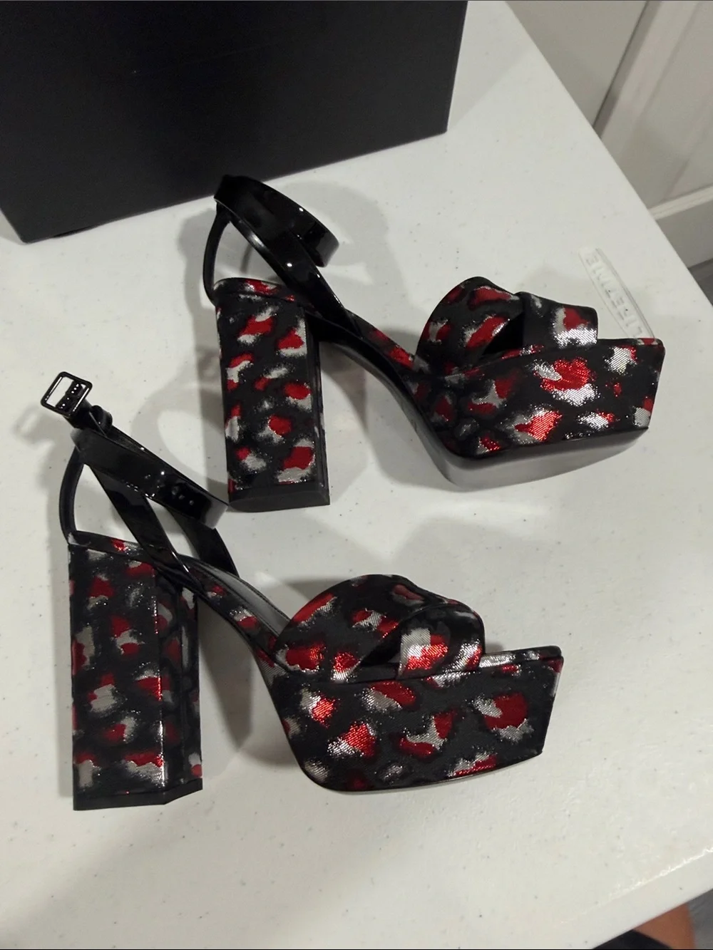 NWT Authenticated Saint Laurent Black and Red Patterned Platform Heels